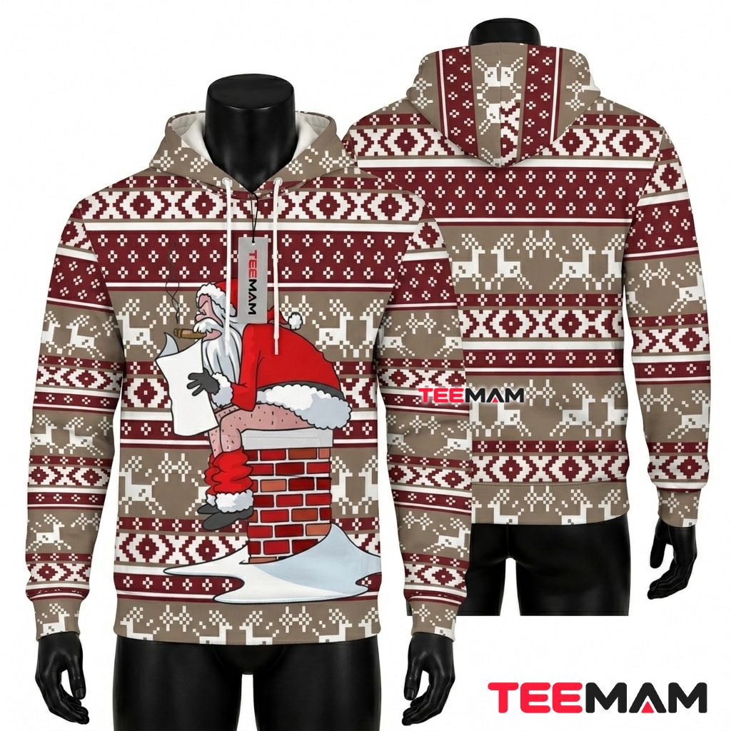 Funny Santa Claus 3D Ugly Hoodie Funny Chimney Cigar Front