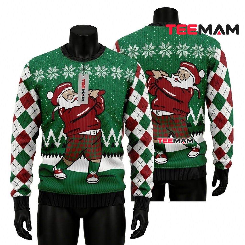 Golf Santa Ugly Christmas Sweater Argyle Pattern Front