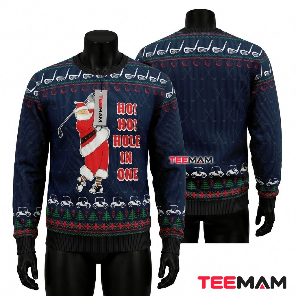 Golf Santa Ugly Christmas Sweater Hole One Front