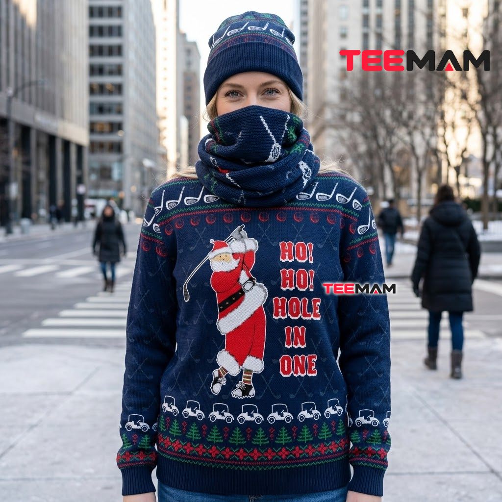 Golf Santa Ugly Christmas Sweater Hole One Back Golf Santa Ugly Christmas Sweater Hole One Back