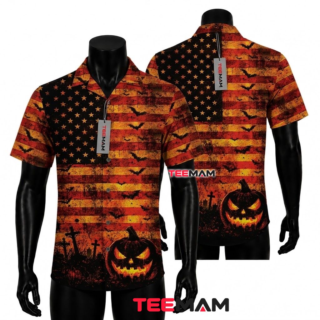 Graveyard Jack-o'-lantern Hawaiian Shirt US Flag
