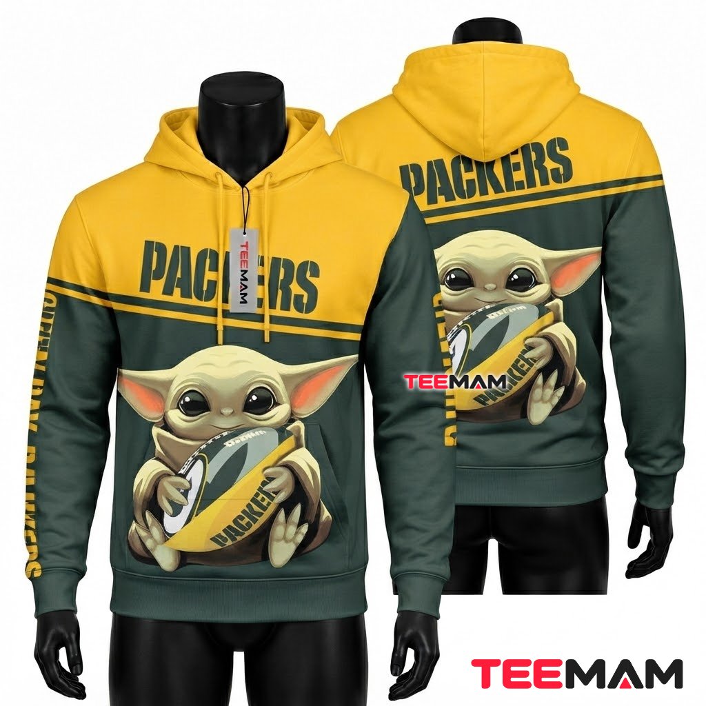Green Bay Packers 3D Hoodie Baby Yoda Football Hug Front