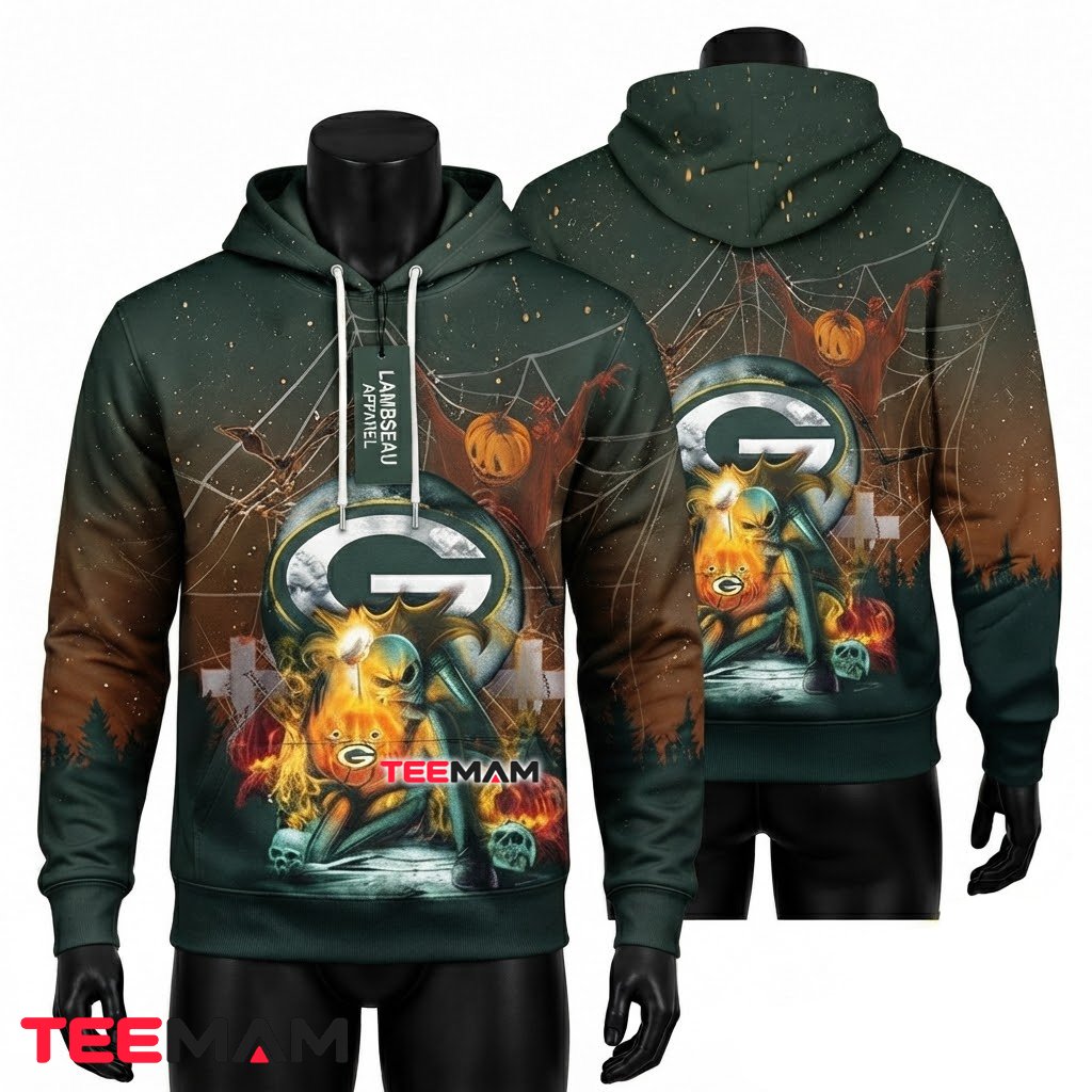 Green Bay Packers 3D Hoodie Flaming Reaper Spider Web Front