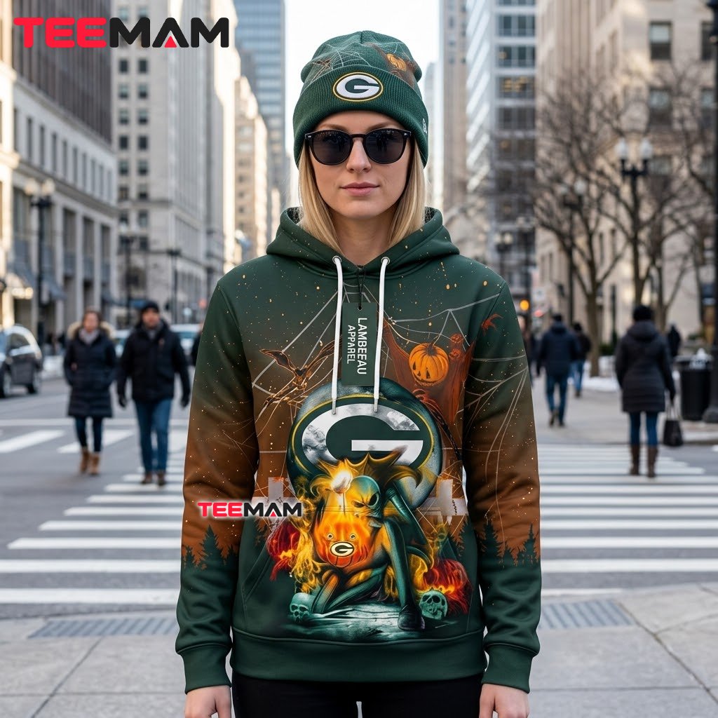 Green Bay Packers 3D Hoodie Flaming Reaper Spider Web Back Green Bay Packers 3D Hoodie Flaming Reaper Spider Web Back