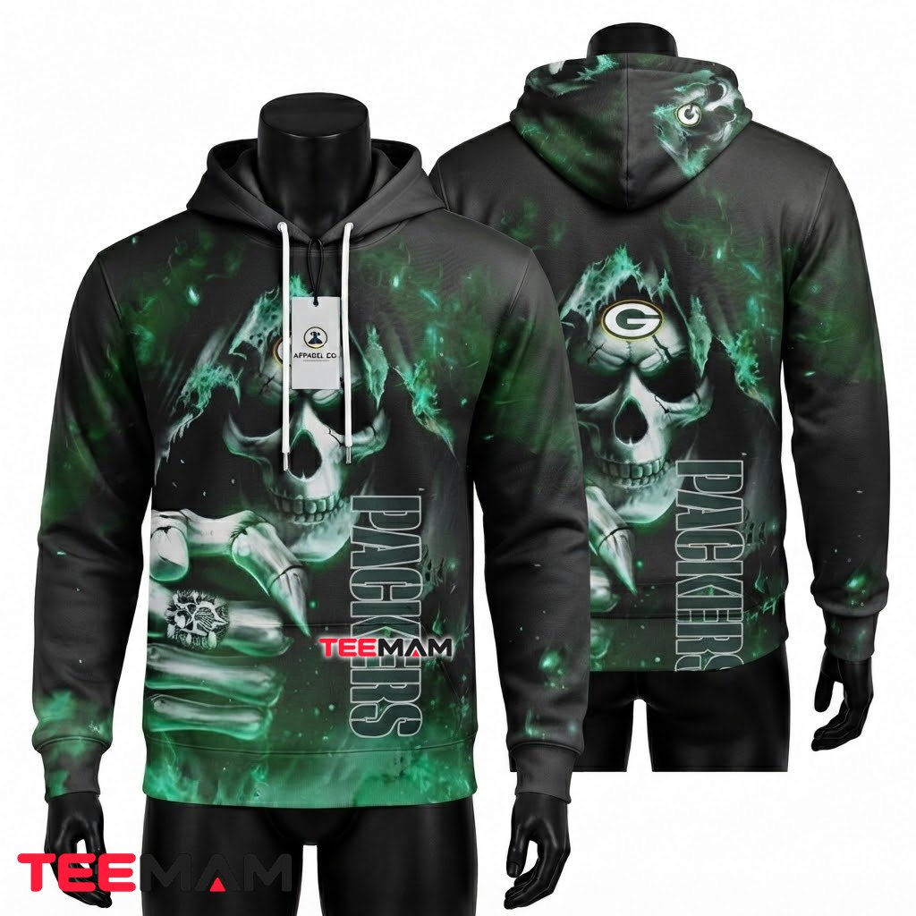 Green Bay Packers 3D Hoodie Flaming Skull Fist Punch Front