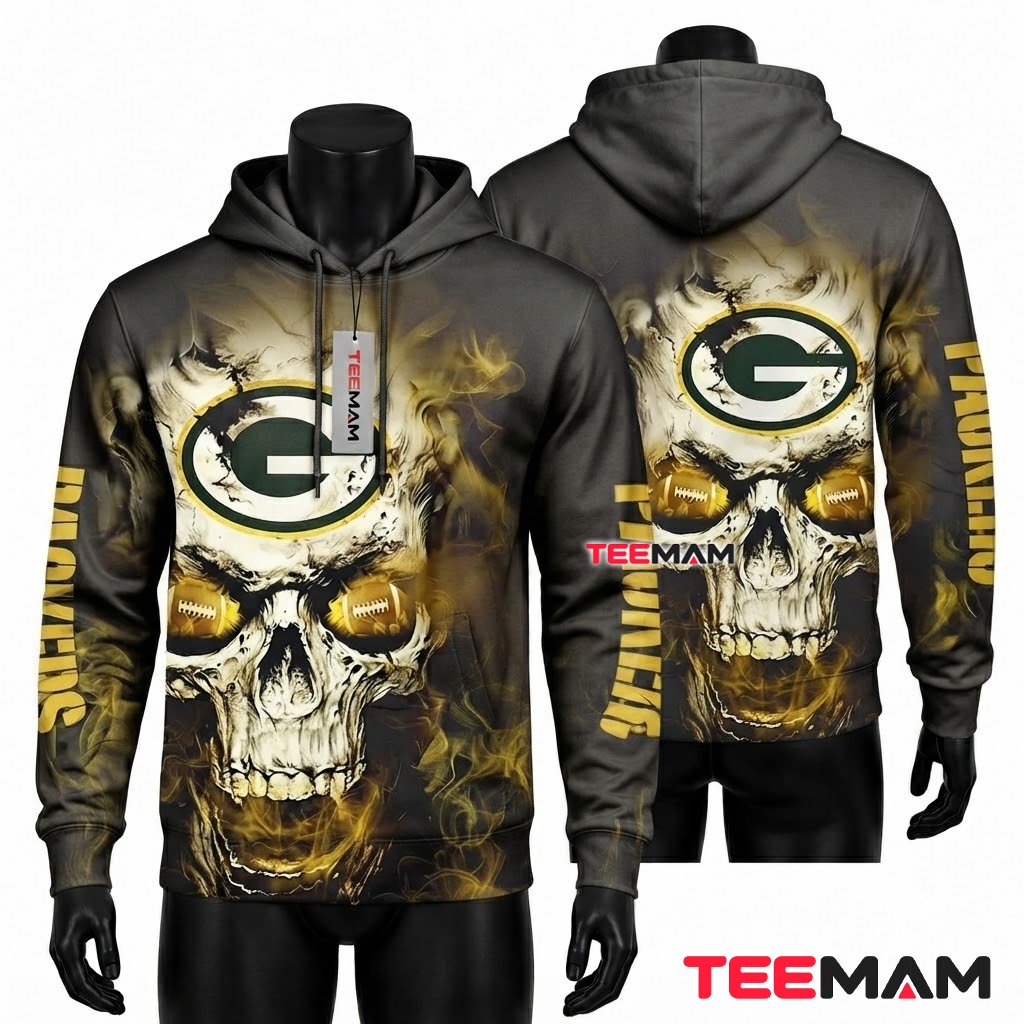 Green Bay Packers 3D Hoodie Football Eyes Skull Smoke Front