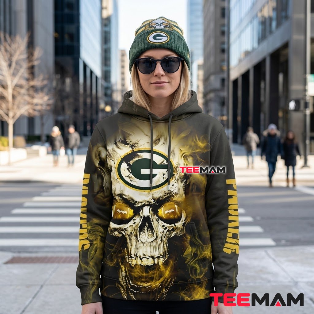Green Bay Packers 3D Hoodie Football Eyes Skull Smoke Back Green Bay Packers 3D Hoodie Football Eyes Skull Smoke Back