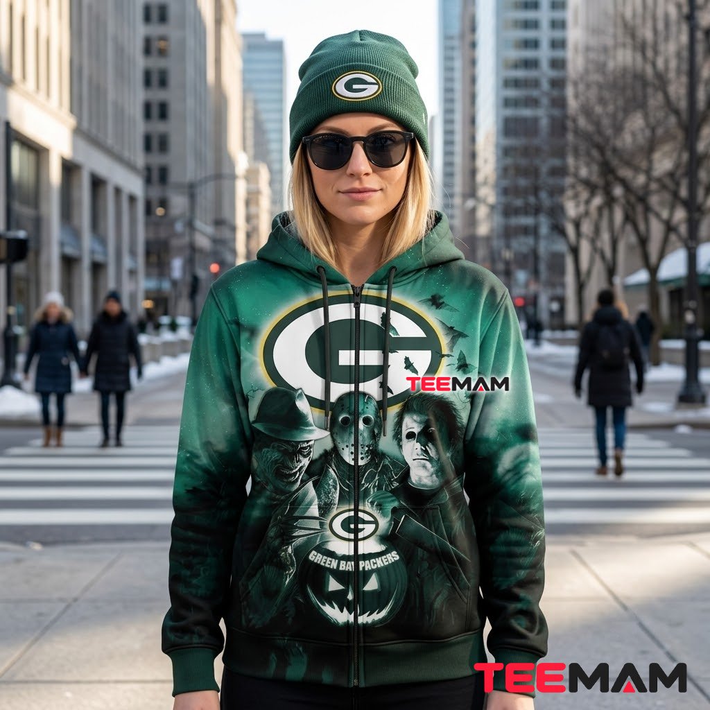 Green Bay Packers 3D Hoodie Freddy Jason Michael Halloween Back Green Bay Packers 3D Hoodie Freddy Jason Michael Halloween Back