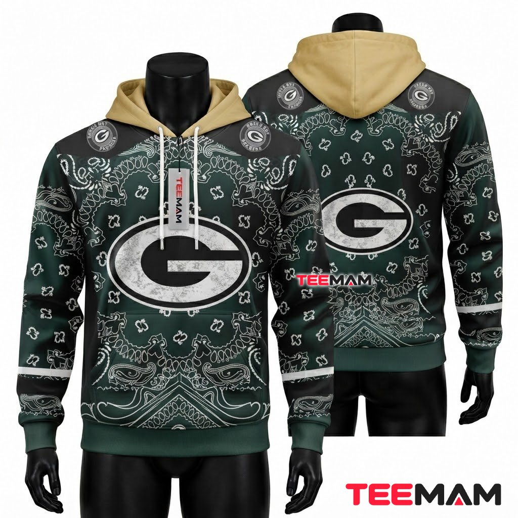 Green Bay Packers 3D Hoodie Paisley Bandana Print Front