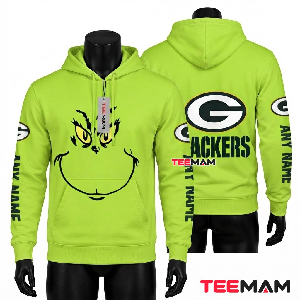 Green Bay Packers 3D Hoodie Personalized Grinch Face Green Front