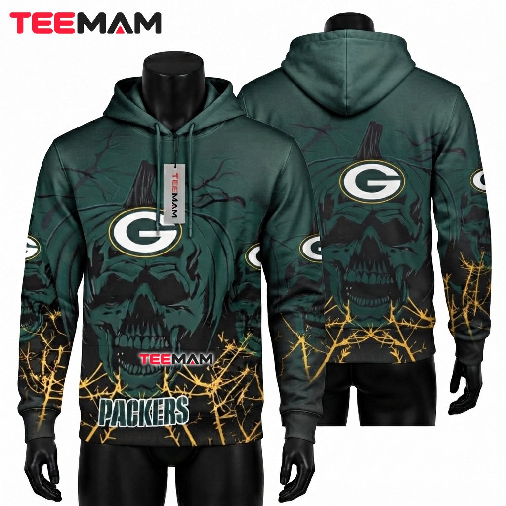 Green Bay Packers 3D Hoodie Shadow Skull Thorns Front