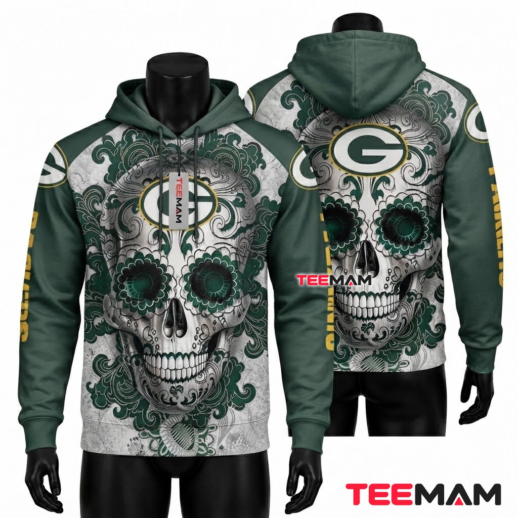 Green Bay Packers 3D Hoodie Sugar Skull Floral Pattern Front