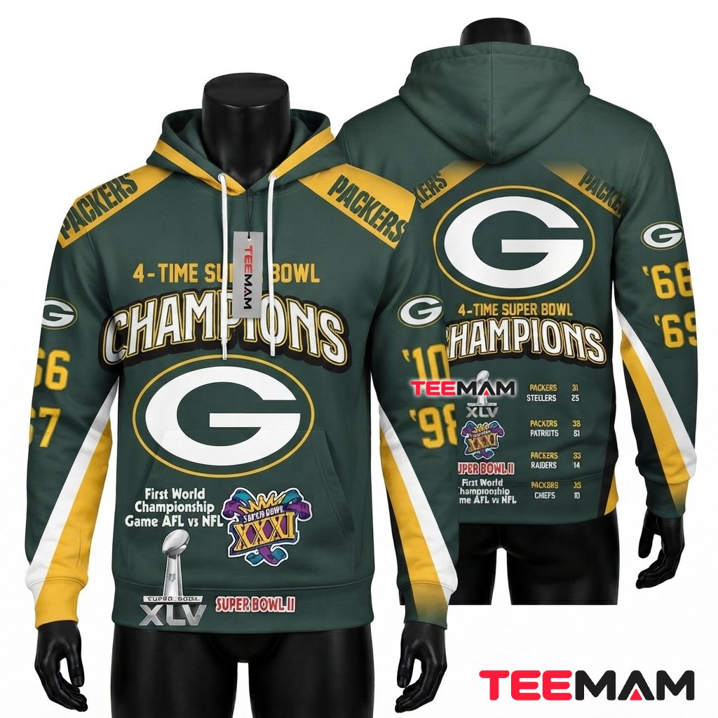 Green Bay Packers 3D Hoodie Super Bowl Champions History Front