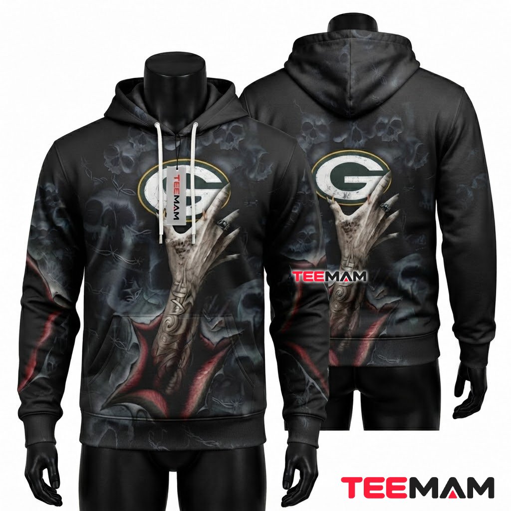 Green Bay Packers 3D Hoodie Zombie Hand Skull Grip Front