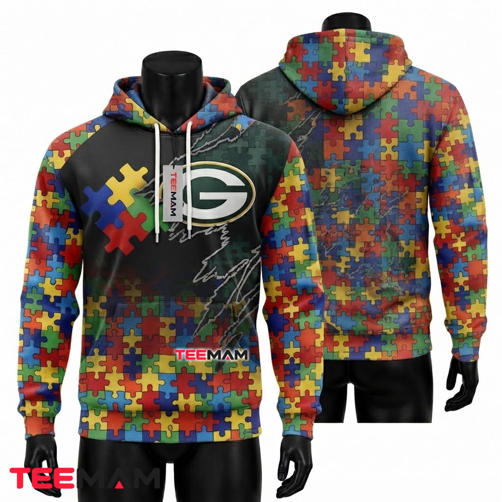 Green Bay Packers All Over Print 3D Hoodie Autism Awareness Puzzle Front