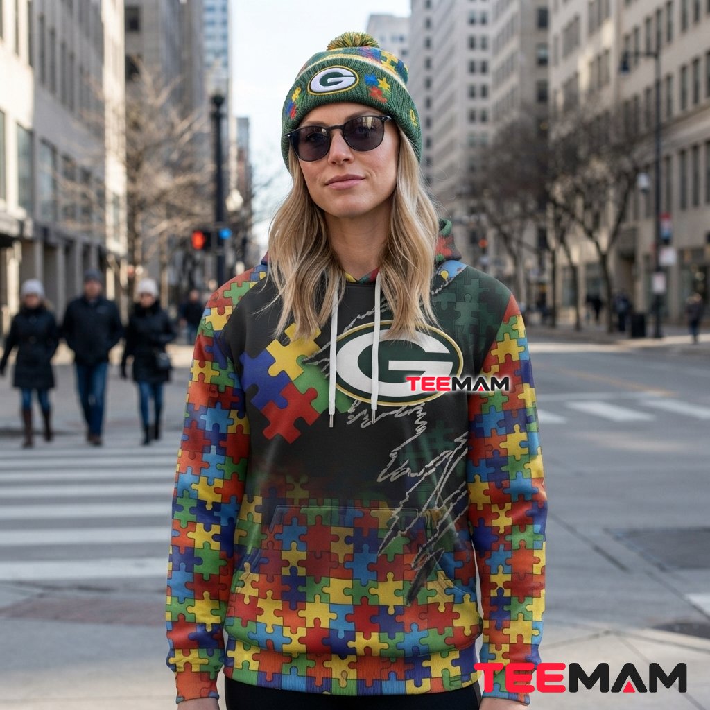 Green Bay Packers All Over Print 3D Hoodie Autism Awareness Puzzle Back Green Bay Packers All Over Print 3D Hoodie Autism Awareness Puzzle Back