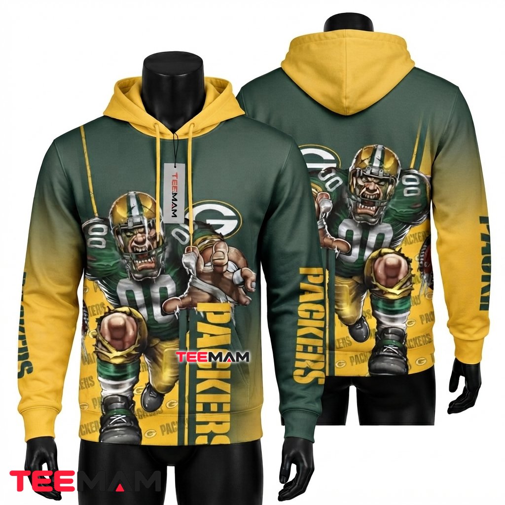Green Bay Packers All Over Print 3D Hoodie Mascot Player Charging Front