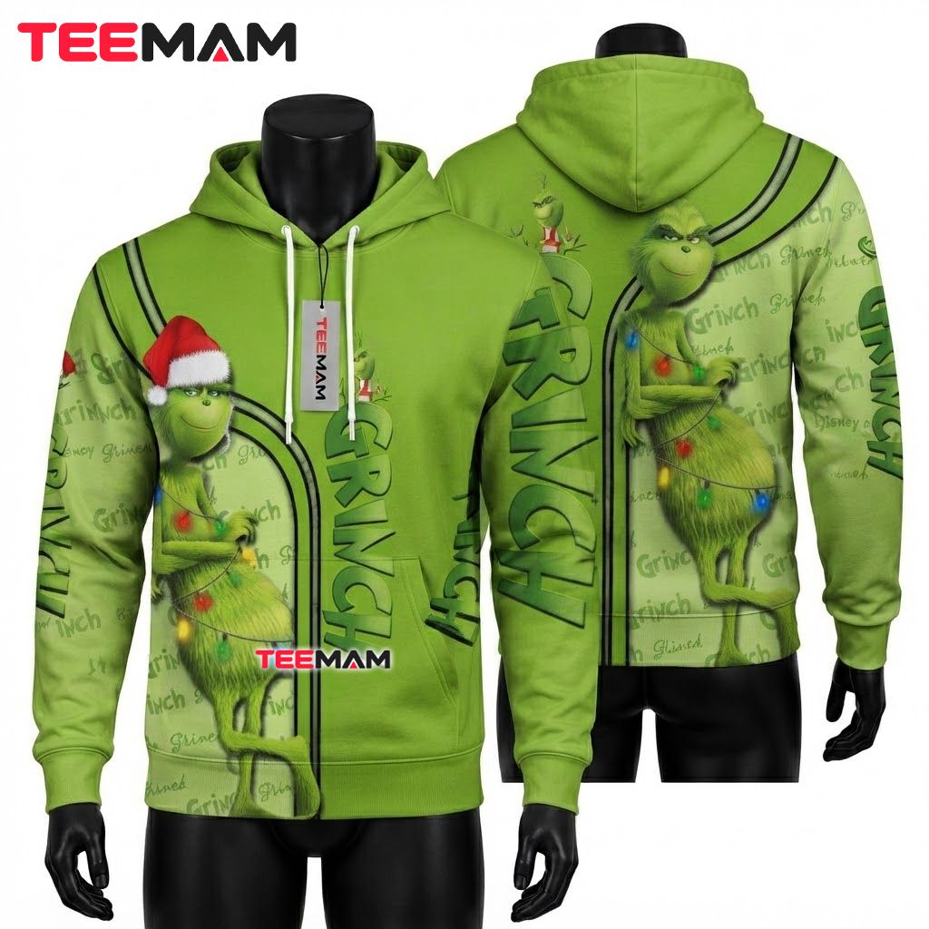 Grinch 3D Hoodie Christmas Lights Santa Hat Design Front
