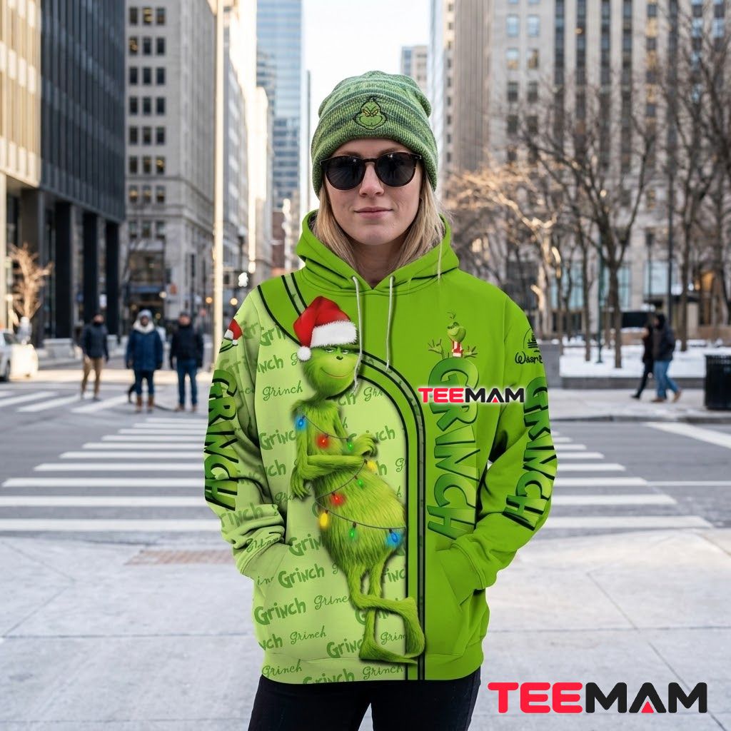 Grinch 3D Hoodie Christmas Lights Santa Hat Design Back Grinch 3D Hoodie Christmas Lights Santa Hat Design Back