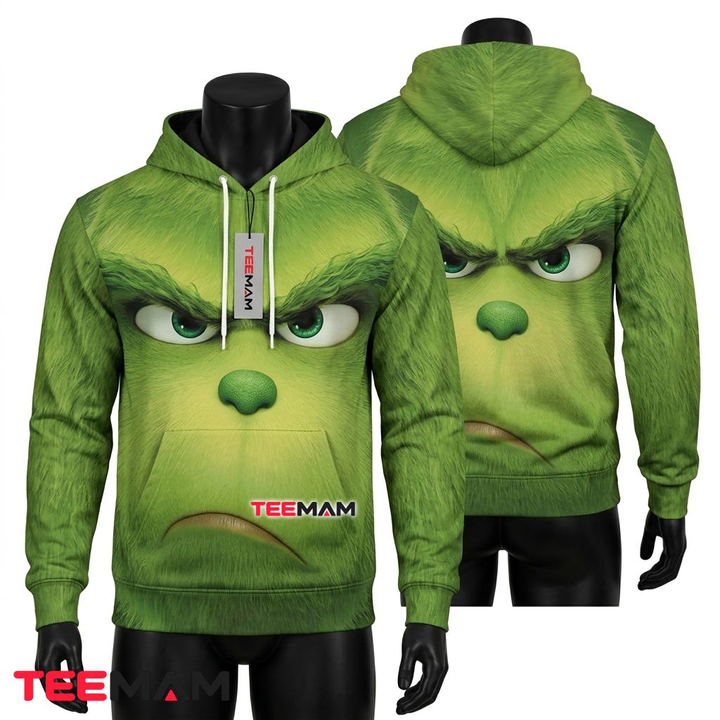 Grinch 3D Hoodie Close Up Face Realistic Front