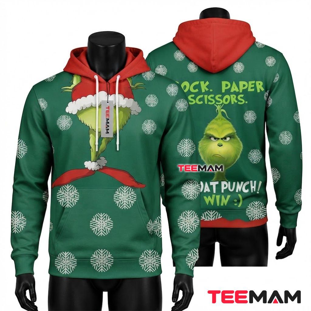Grinch 3D Hoodie Rock Paper Scissors Funny Front