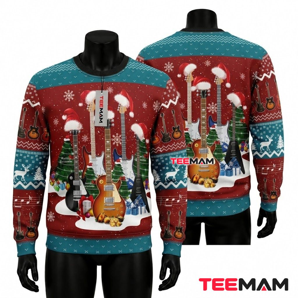 Guitar Ugly Christmas Sweater Santa Hat Music Front
