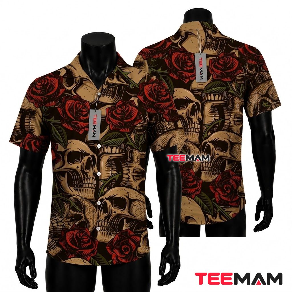 Halloween Skull and Roses Hawaiian Shirt