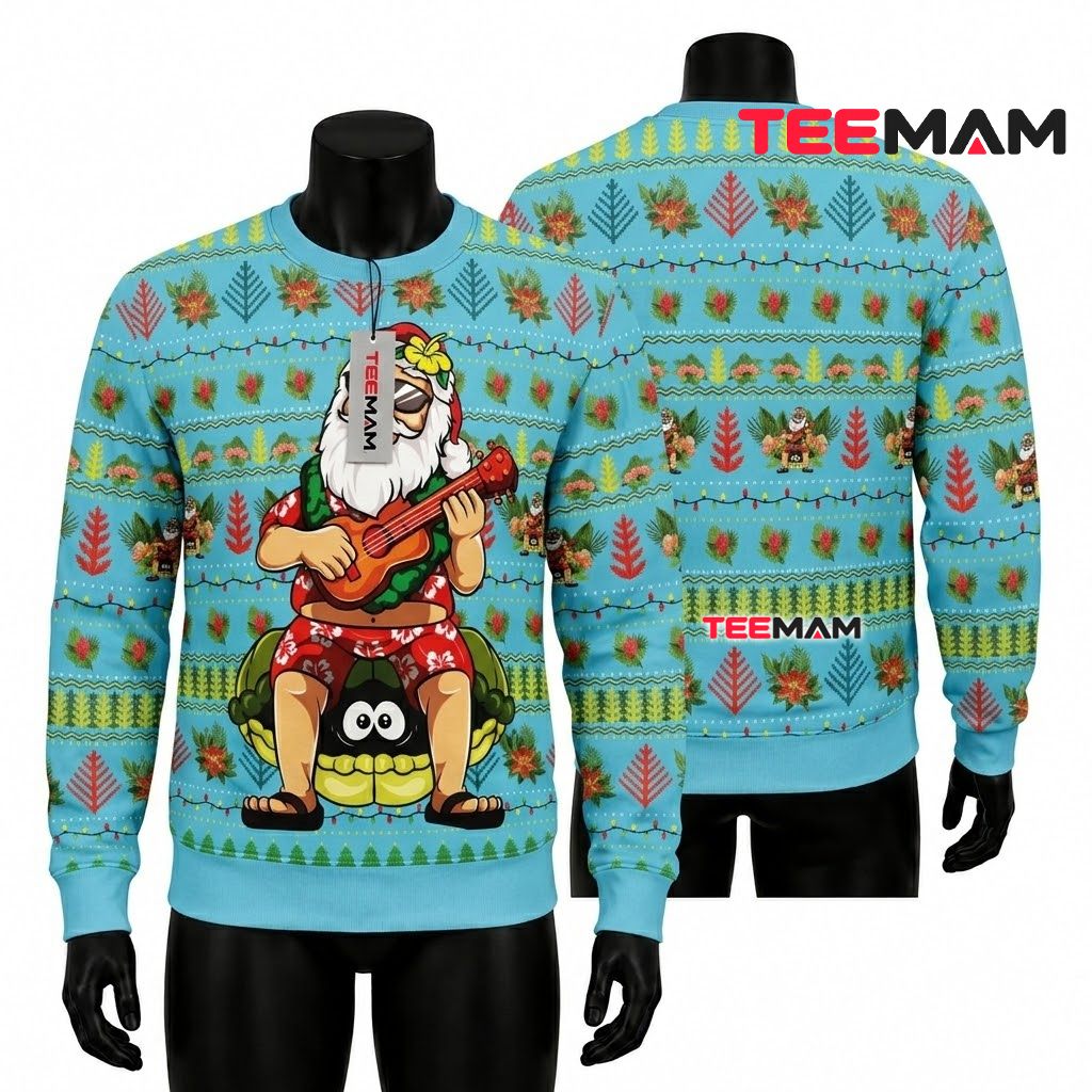 Hawaiian Santa Ugly Christmas Sweater Turtle Ukulele Front