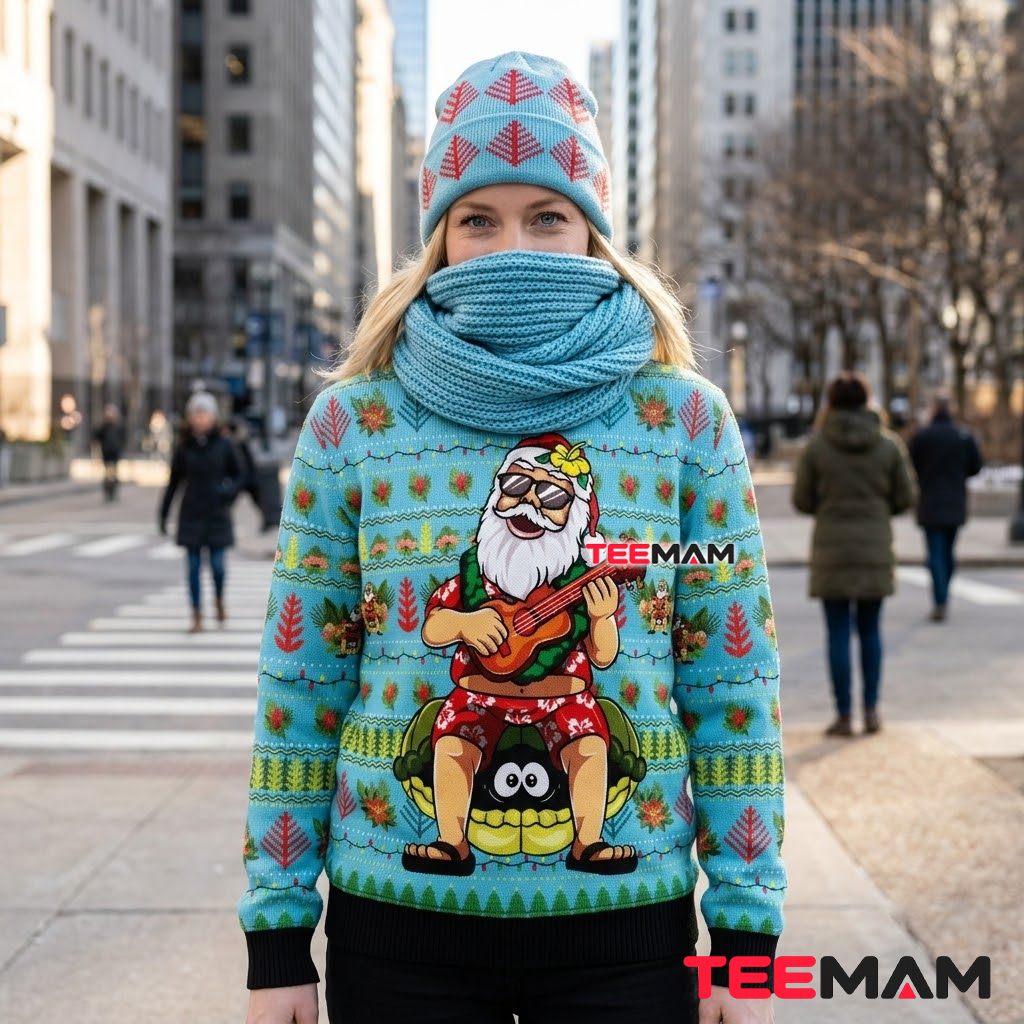 Hawaiian Santa Ugly Christmas Sweater Turtle Ukulele Back Hawaiian Santa Ugly Christmas Sweater Turtle Ukulele Back