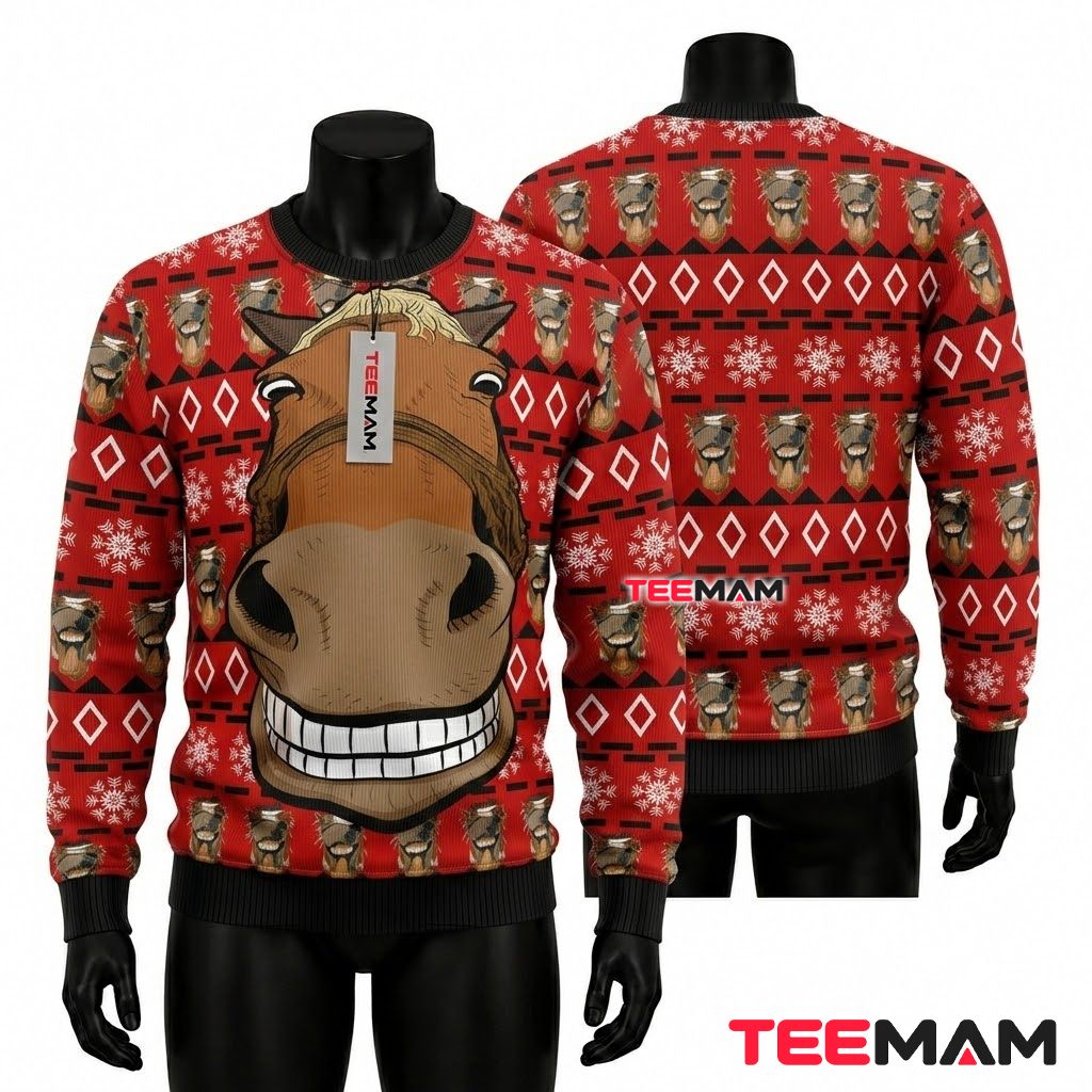 Horse Face Ugly Christmas Sweater Funny Red Pattern Front