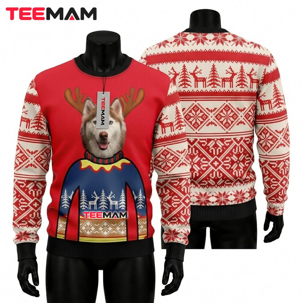 Husky Ugly Christmas Sweater Reindeer Antler Red Front