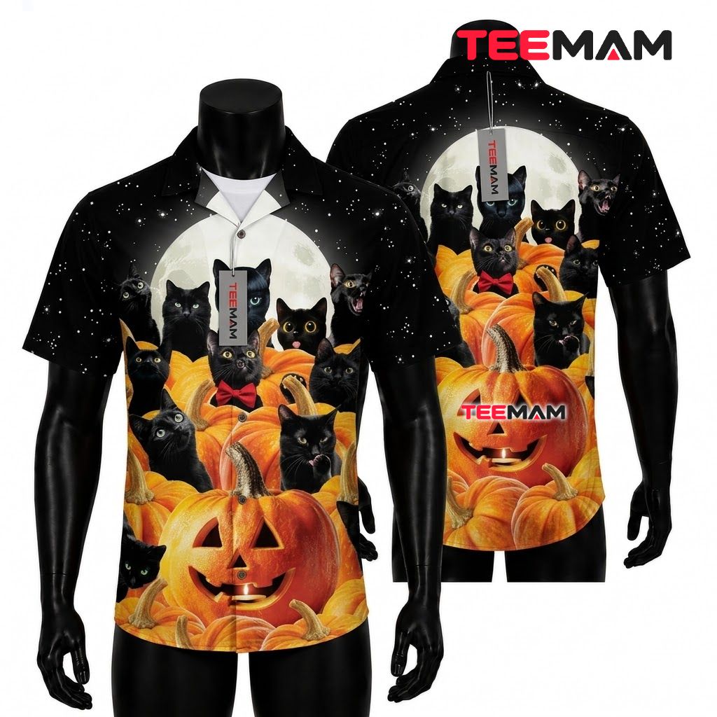 Jack-o'-lantern Black Cat Halloween Hawaiian Shirt