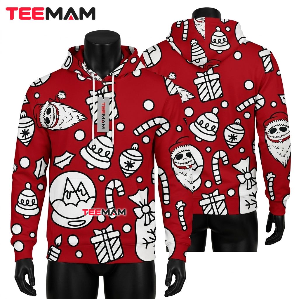 Jack Skellington Christmas 3D Hoodie Doodle Icons Red Front