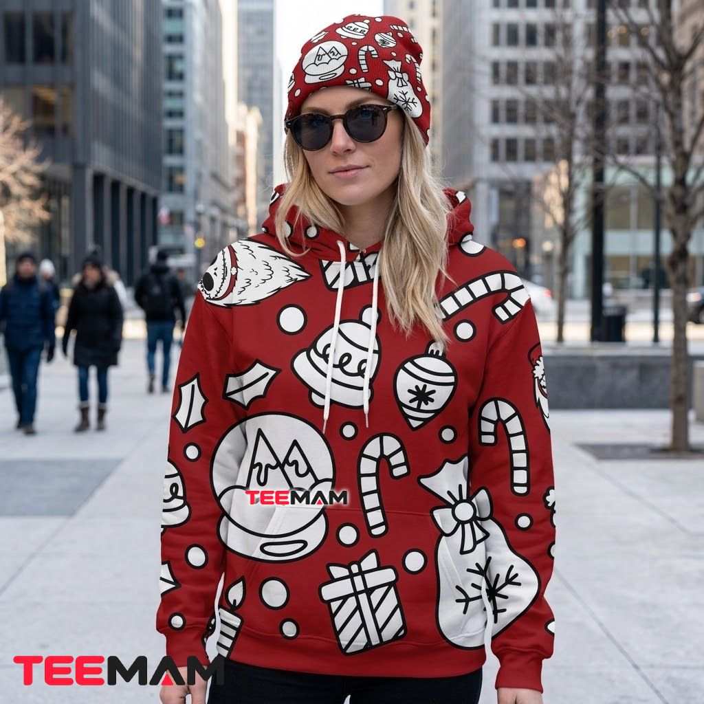 Jack Skellington Christmas 3D Hoodie Doodle Icons Red Back Jack Skellington Christmas 3D Hoodie Doodle Icons Red Back