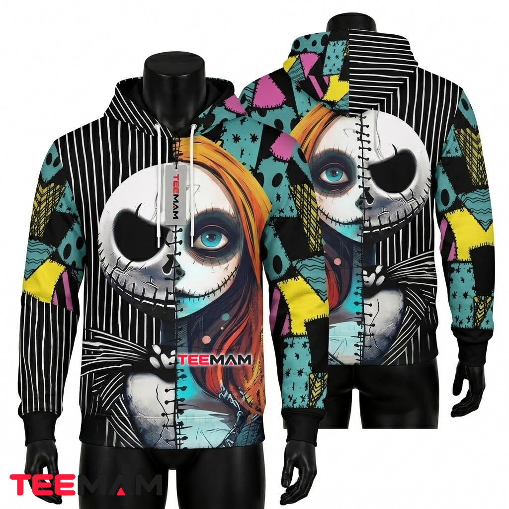 Jack Skellington Sally 3D Hoodie Split Face Design Front