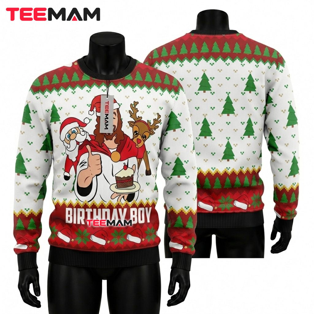 Jesus Ugly Christmas Sweater Birthday Boy Santa Front