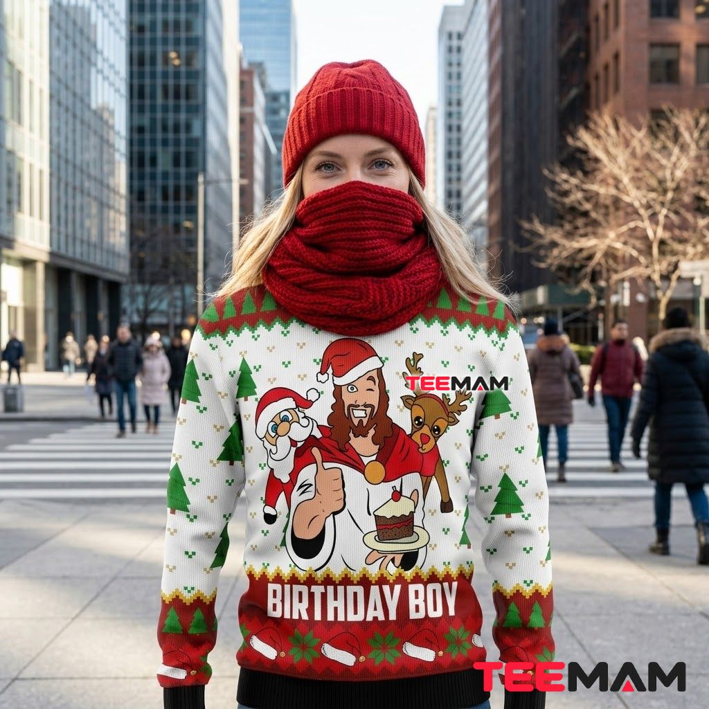 Jesus Ugly Christmas Sweater Birthday Boy Santa Back Jesus Ugly Christmas Sweater Birthday Boy Santa Back