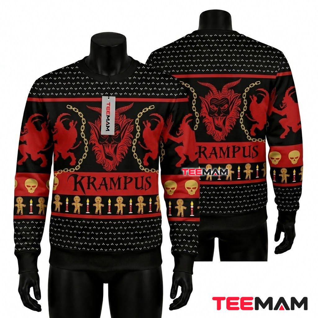 Krampus Ugly Christmas Sweater Chains Skull Pattern Front