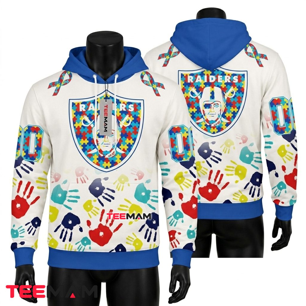 Las Vegas Raiders 3D Hoodie Autism Awareness Handprint Front