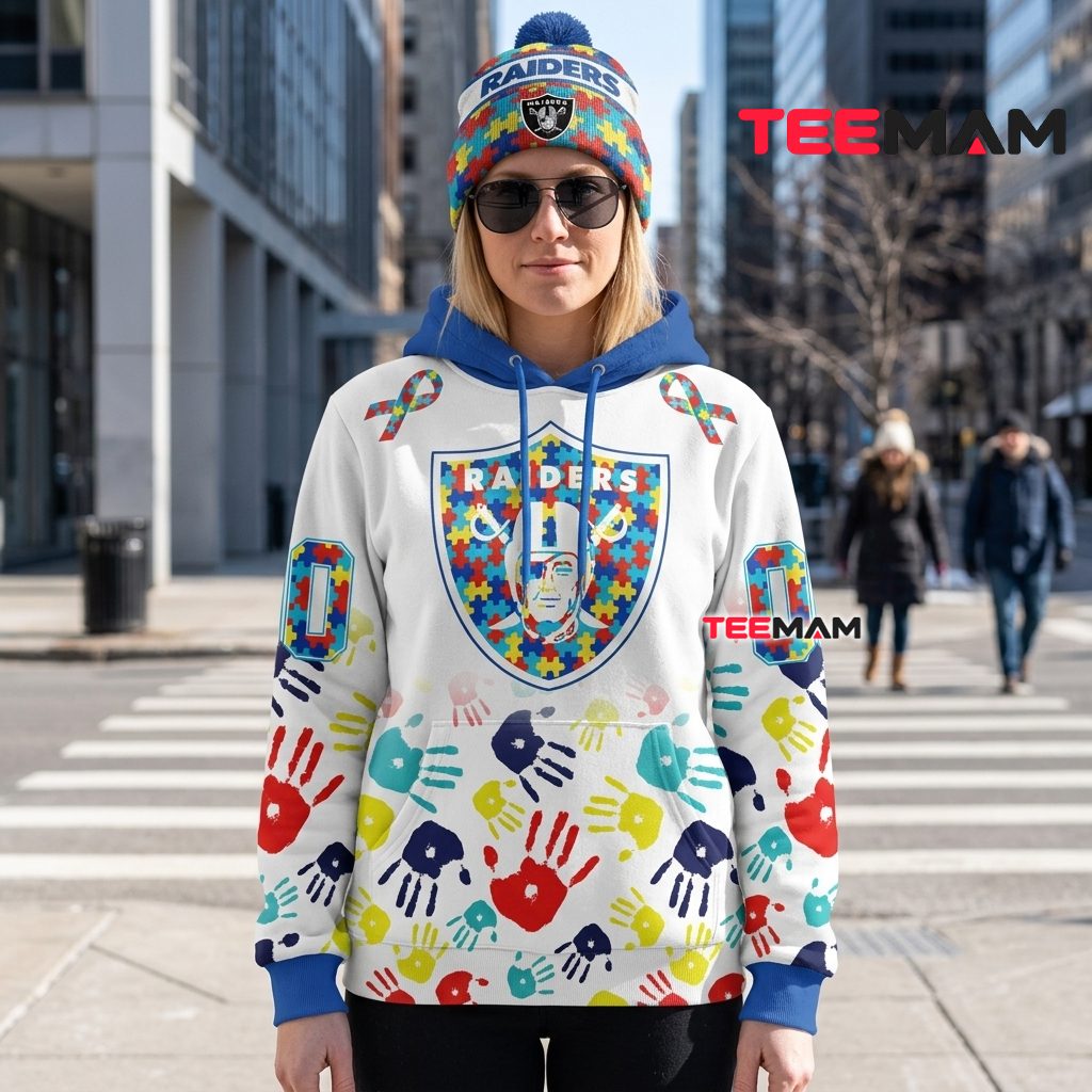 Las Vegas Raiders 3D Hoodie Autism Awareness Handprint Back Las Vegas Raiders 3D Hoodie Autism Awareness Handprint Back