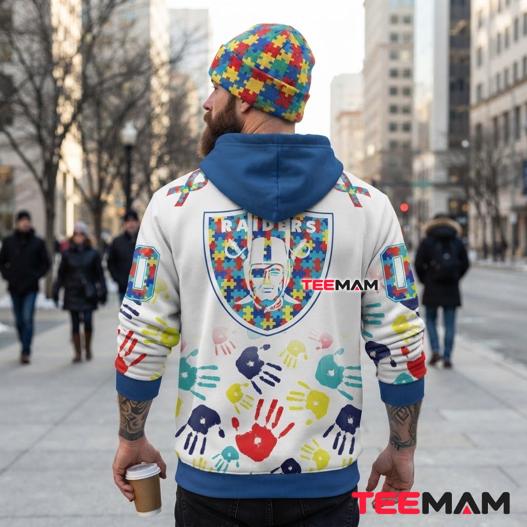 Las Vegas Raiders 3D Hoodie Autism Awareness Handprint Version 3 Las Vegas Raiders 3D Hoodie Autism Awareness Handprint Version 3