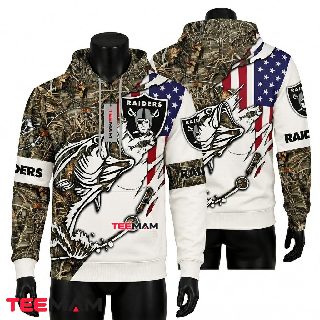 Las Vegas Raiders 3D Hoodie Bass Fishing Camo American Flag Front