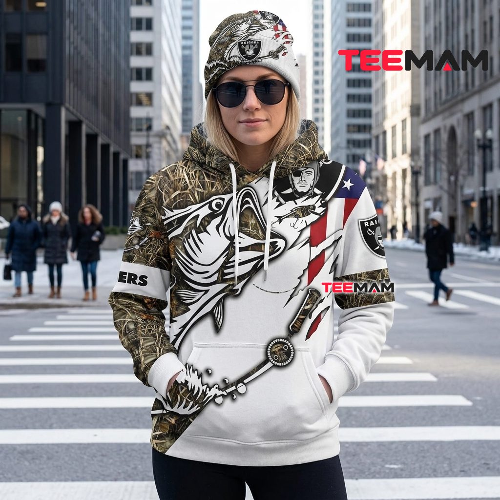 Las Vegas Raiders 3D Hoodie Bass Fishing Camo American Flag Back Las Vegas Raiders 3D Hoodie Bass Fishing Camo American Flag Back