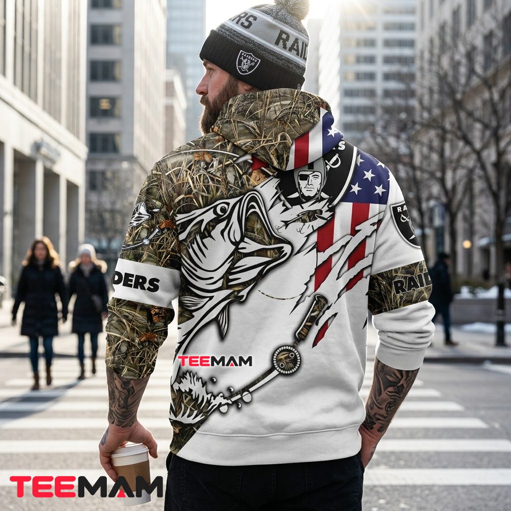 Las Vegas Raiders 3D Hoodie Bass Fishing Camo American Flag Version 3 Las Vegas Raiders 3D Hoodie Bass Fishing Camo American Flag Version 3