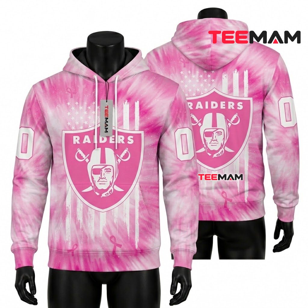 Las Vegas Raiders 3D Hoodie Pink Breast Cancer Awareness Front