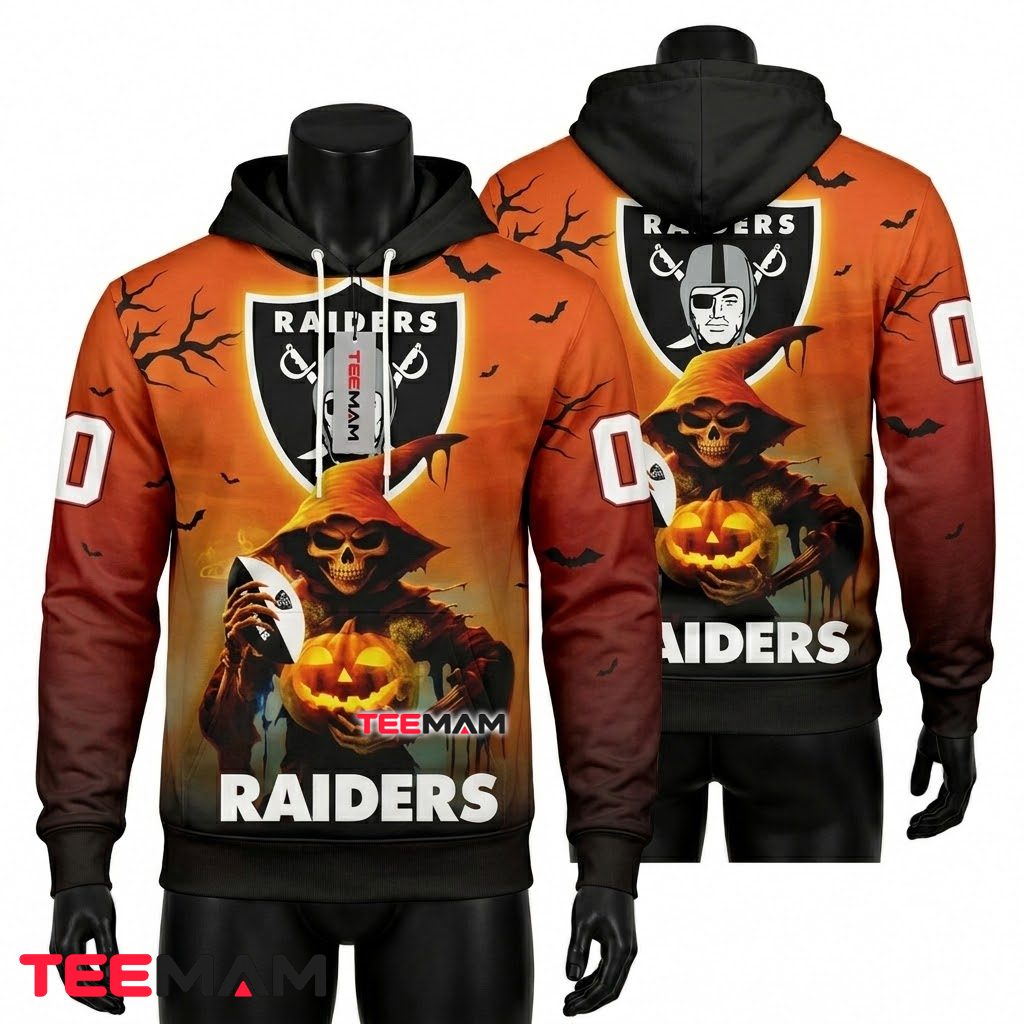 Las Vegas Raiders 3D Hoodie Reaper Pumpkin Halloween Sunset Front