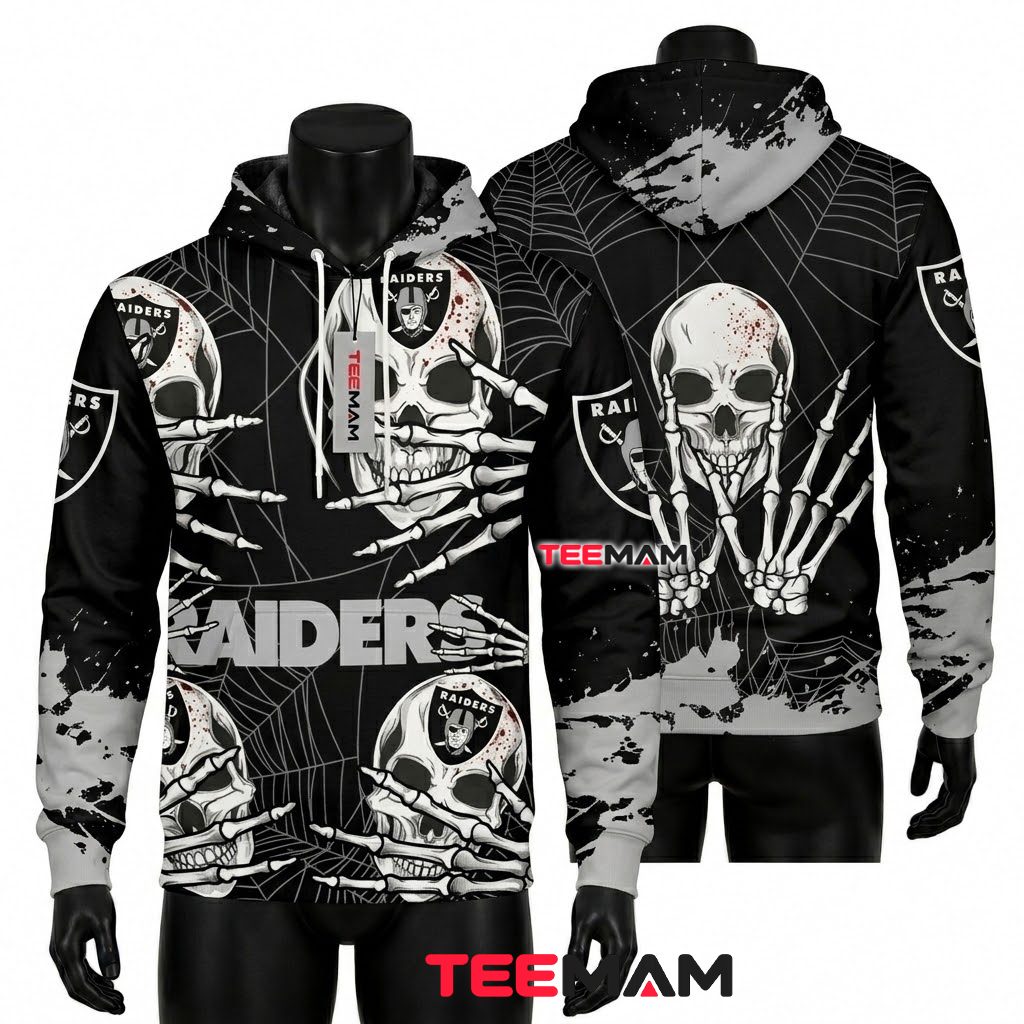 Las Vegas Raiders 3D Hoodie Skeleton Hand Spider Web Front