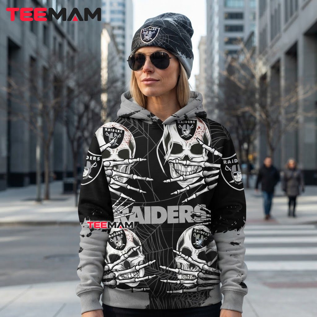 Las Vegas Raiders 3D Hoodie Skeleton Hand Spider Web Back Las Vegas Raiders 3D Hoodie Skeleton Hand Spider Web Back