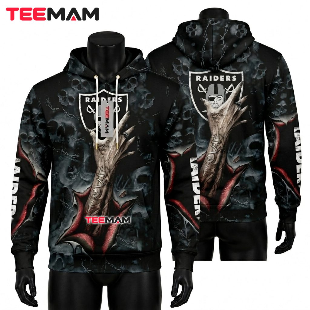 Las Vegas Raiders 3D Hoodie Skull Zombie Hand Ripped Front