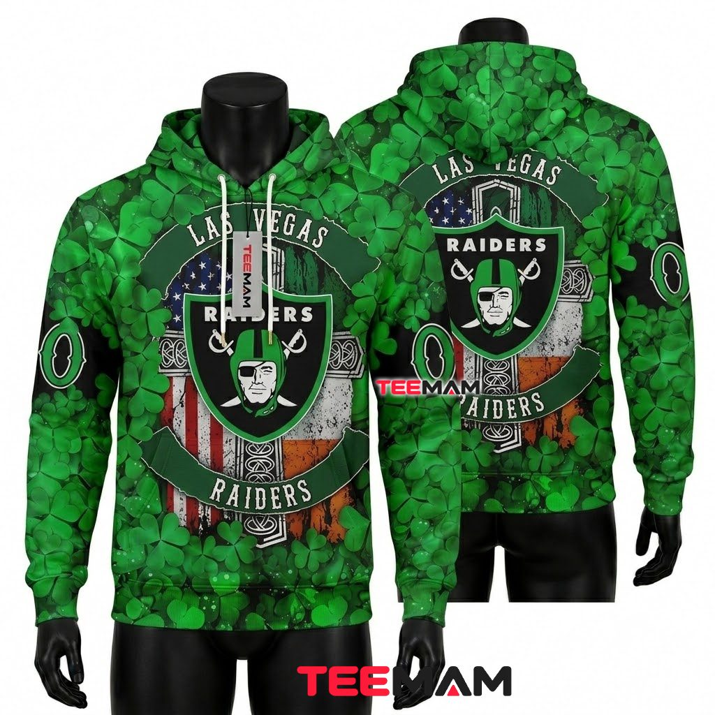 Las Vegas Raiders 3D Hoodie St. Patrick's Clover Front